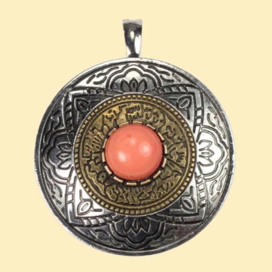 Huge Glass Coral Cabochon in Plated Silver Pendant