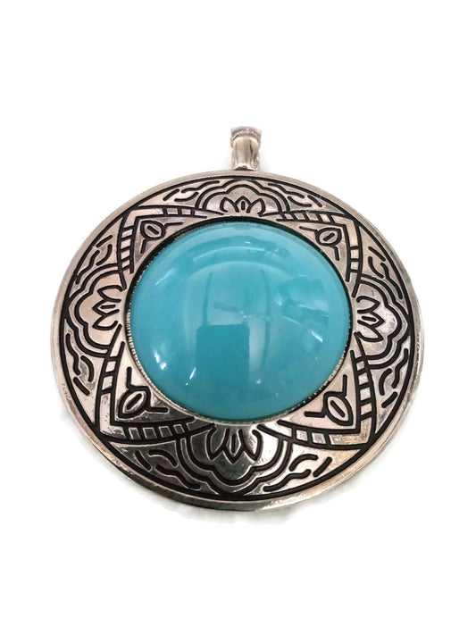 NOS- Vintage Large Silver Plated Turquoise Glass Pendant