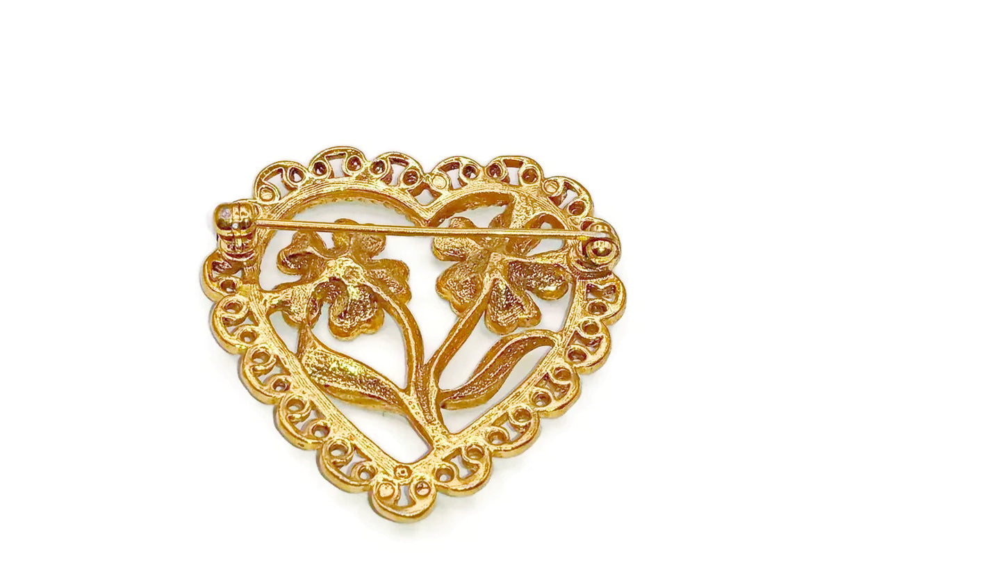 Romantic Openwork Heart Brooch with Two Flowers