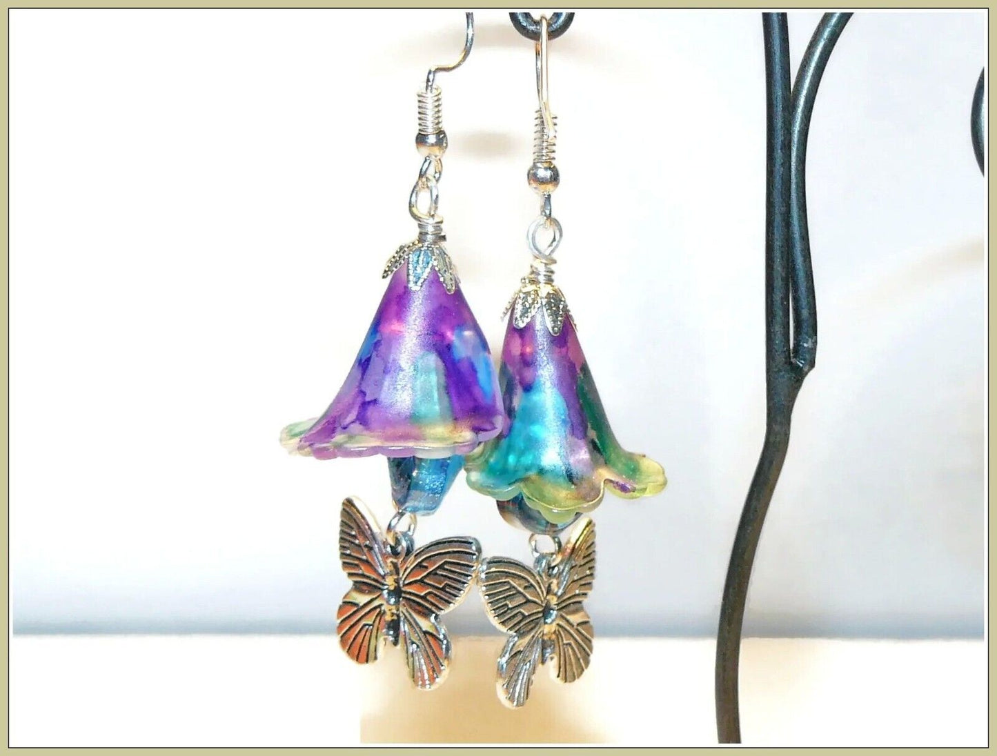 Colorful Bold Hand Painted Lucite Flower and Butterfly Earrings