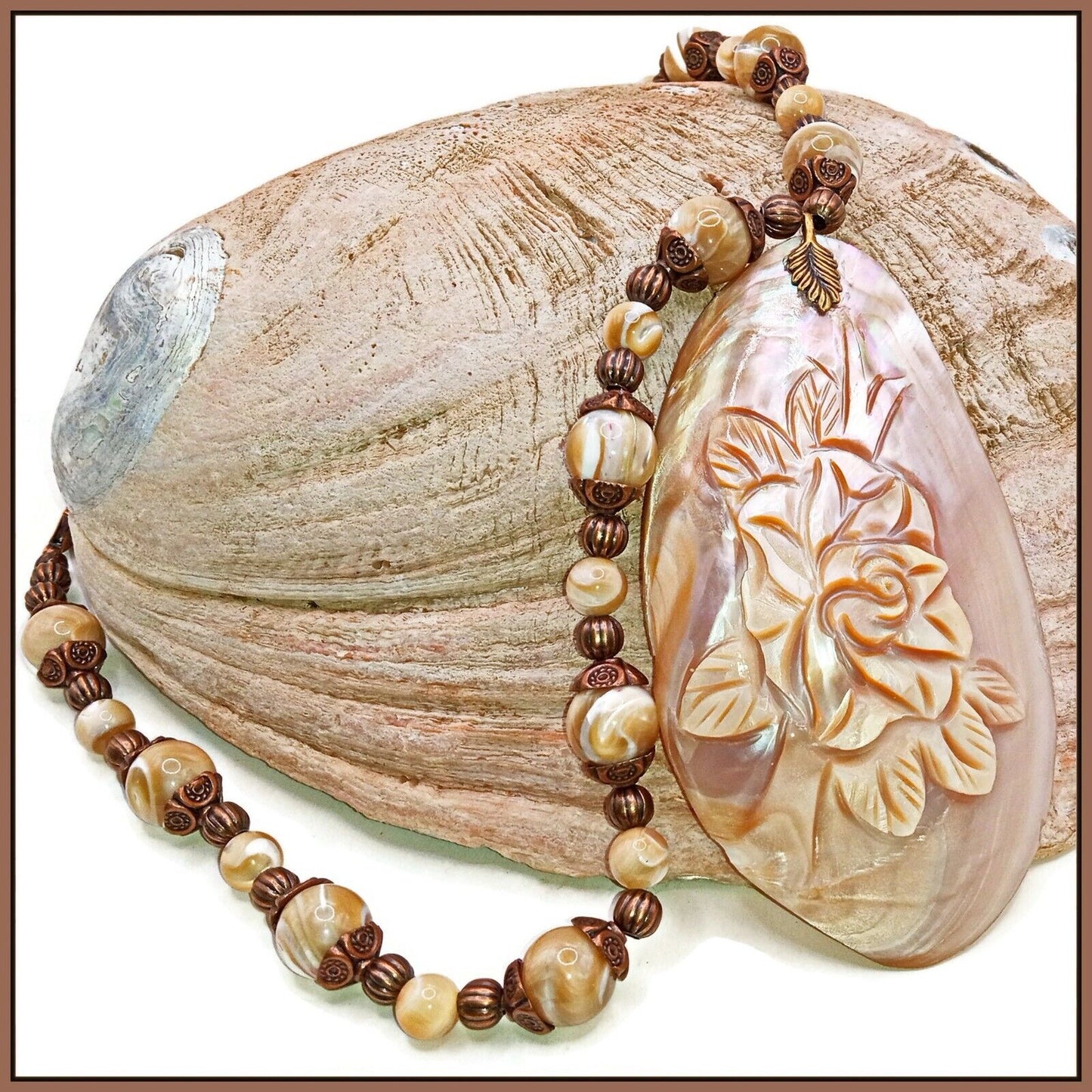 Unique Carved Mother of Pearl Pendant Necklace