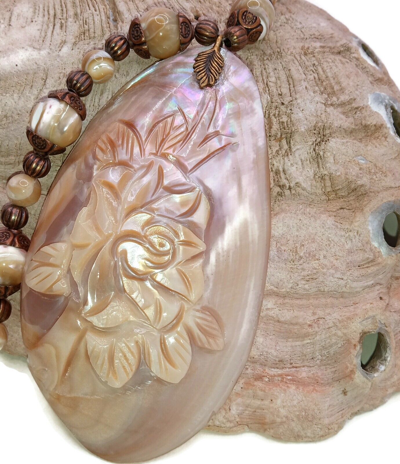 Unique Carved Mother of Pearl Pendant Necklace