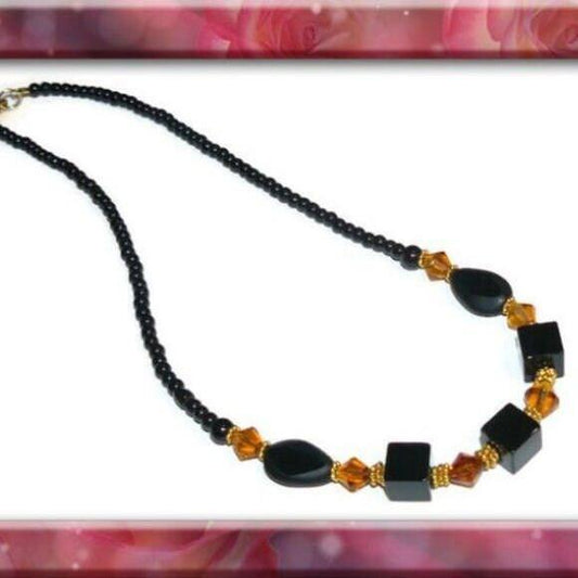 Square Black Beads And Yellow Beaded Necklace-150821