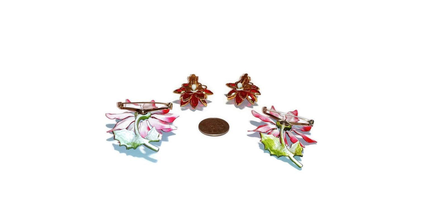 Two Vintage Enamel Poinsettia Brooches and Clip On Earrings Lot