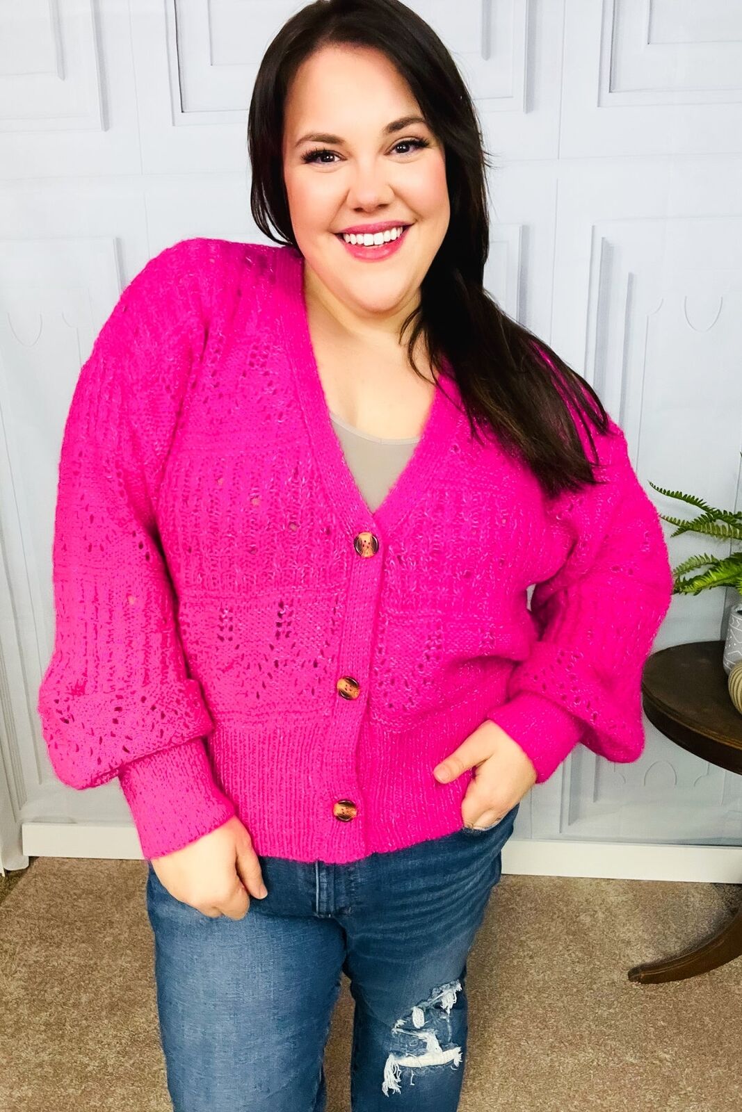 New -Pretty In Pink Button Down Pointelle Knit Cardigan Sizes 1x, 2x, 3x