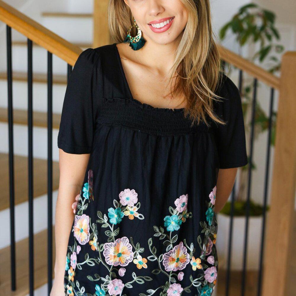 NWT Black Floral Embroidery and Lace Smocked Top 3x