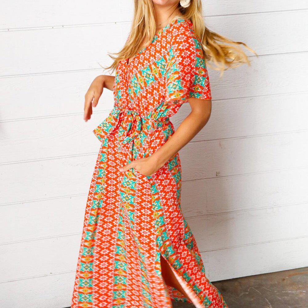 New Orange Boho Print Surplice Sash Belt Midi Dress - 3X