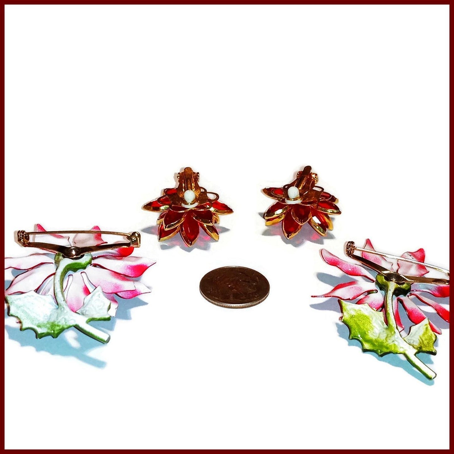 Two Vintage Enamel Poinsettia Brooches and Clip On Earrings Lot