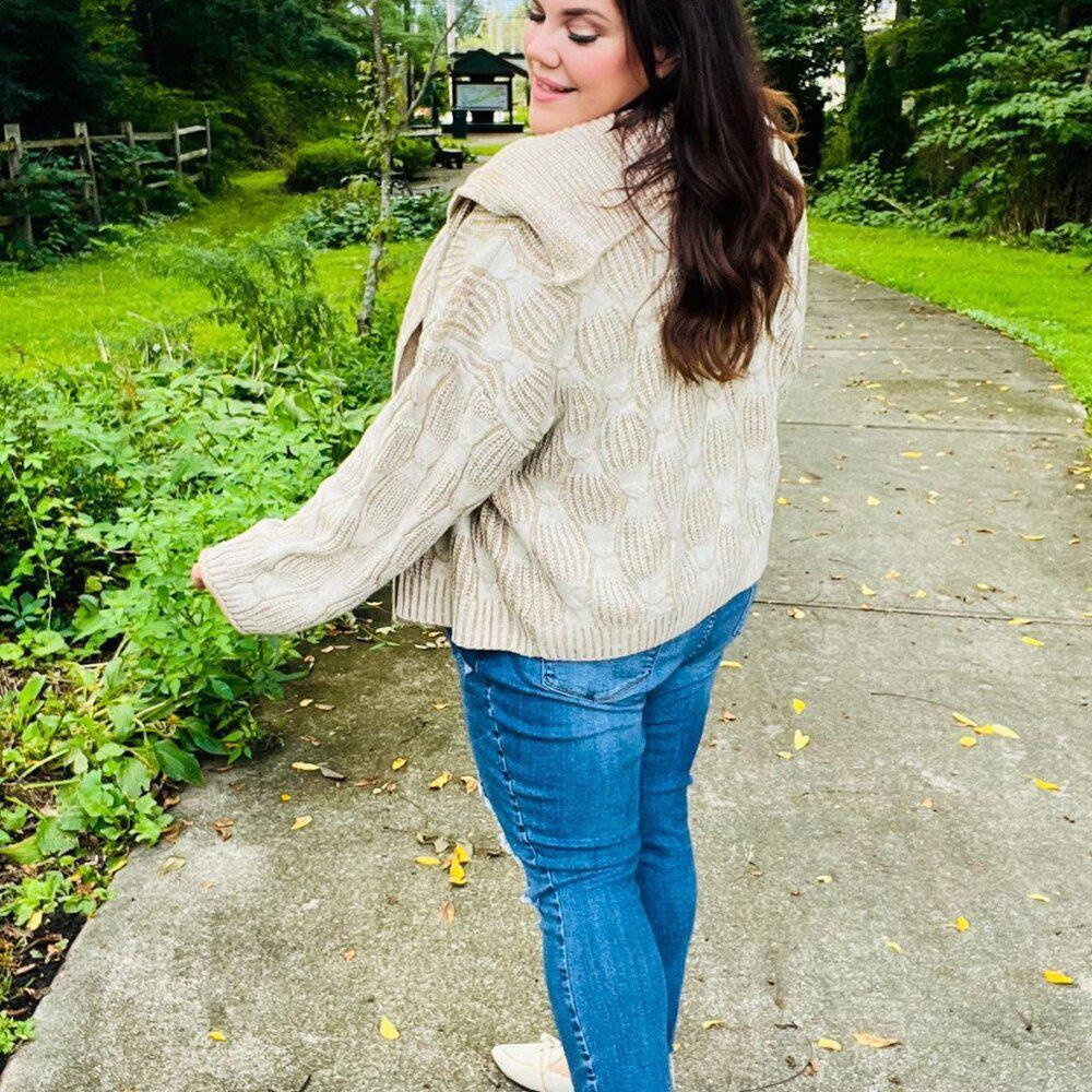 New Autumn Vibes Taupe Textured Cable Knit Collared Cardigan ~~Sizes 1x,2x,3x