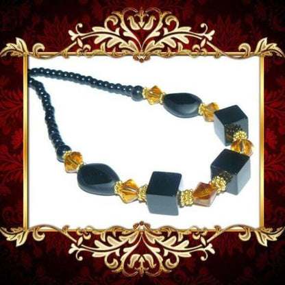 Square Black Beads And Yellow Beaded Necklace