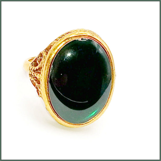 Deep Green Cabochon Gold Tone Metal Adjustable Ring