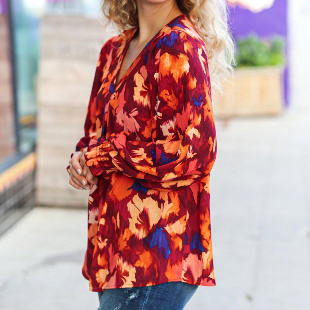 New Burgundy Floral Abstract Print V Neck Smocked Top 3X