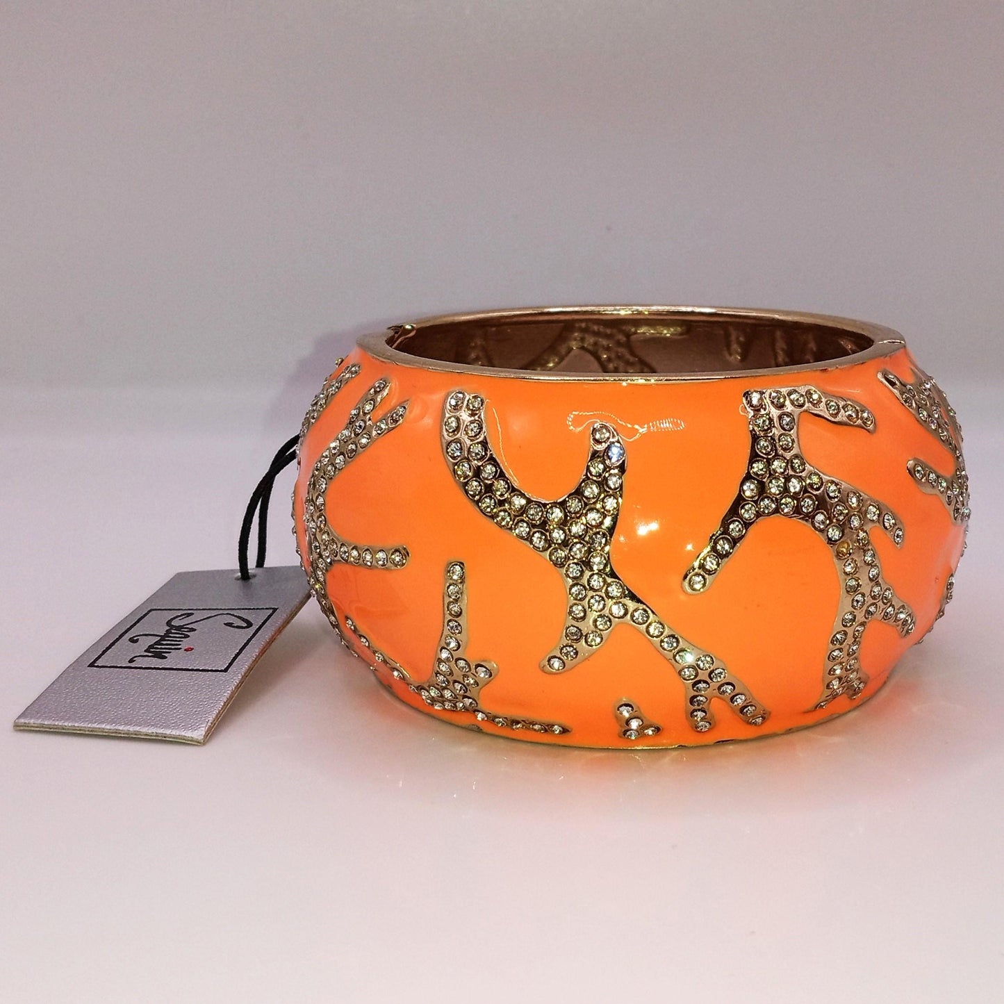 NOS Large Orange Enamel and Rhinestone Clamper Bracelet
