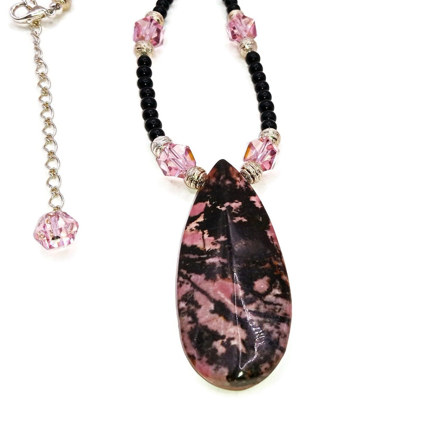 Genuine Rhodonite Pendant Necklace With Matching Earrings-094446402