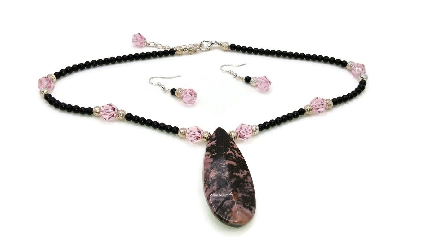 Genuine Rhodonite Pendant Necklace With Matching Earrings-094446402