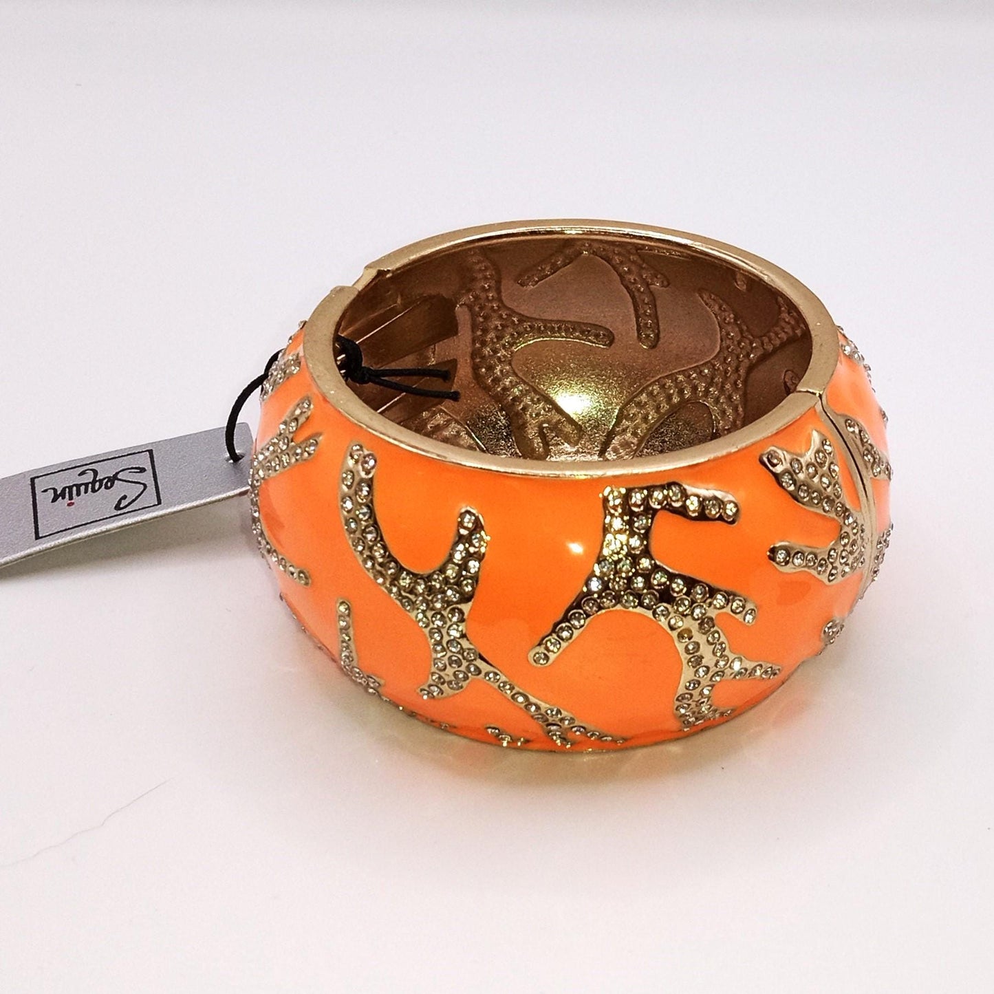 NOS Large Orange Enamel and Rhinestone Clamper Bracelet