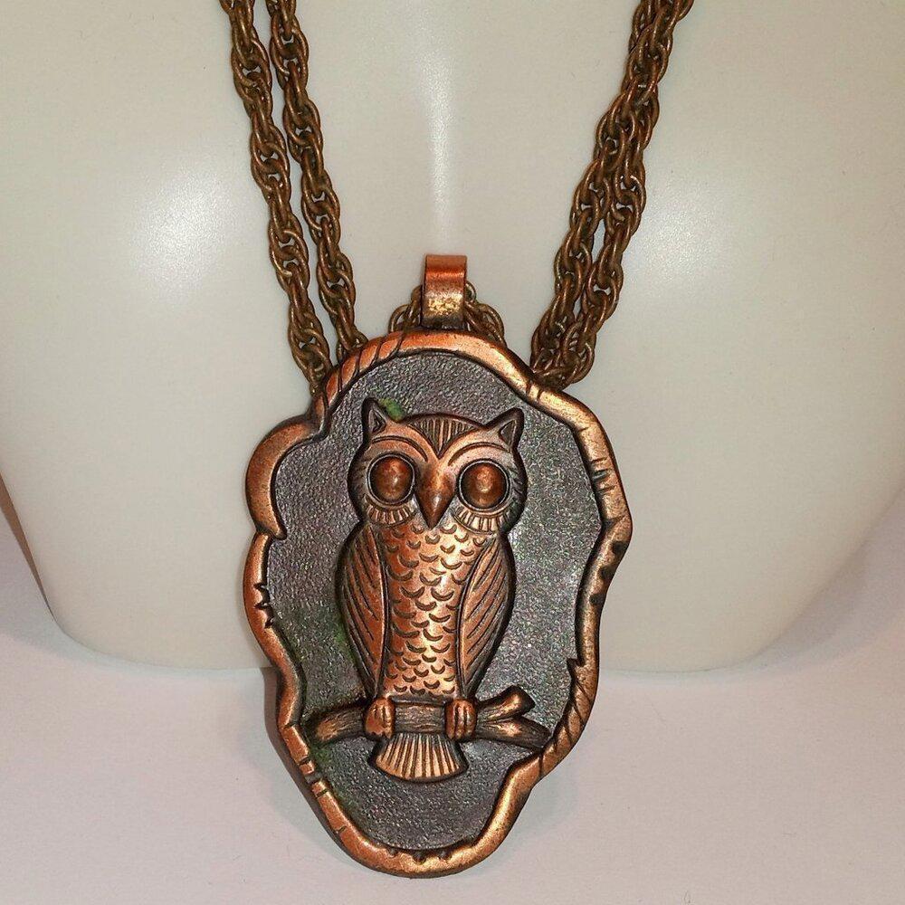 Vintage Charming Solid Copper Bell Trading Owl Pendant and Chain