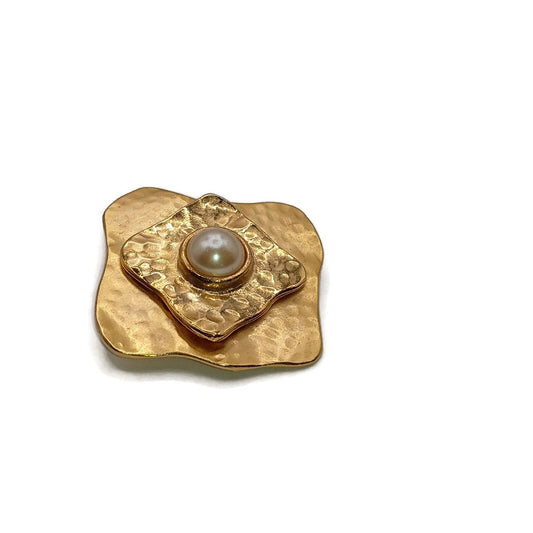 Gold Tone Square Metal Brooch with Faux Pearl Center