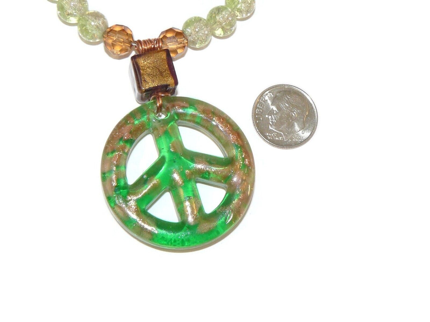 Green Glass Peace Sign Pendant Necklace
