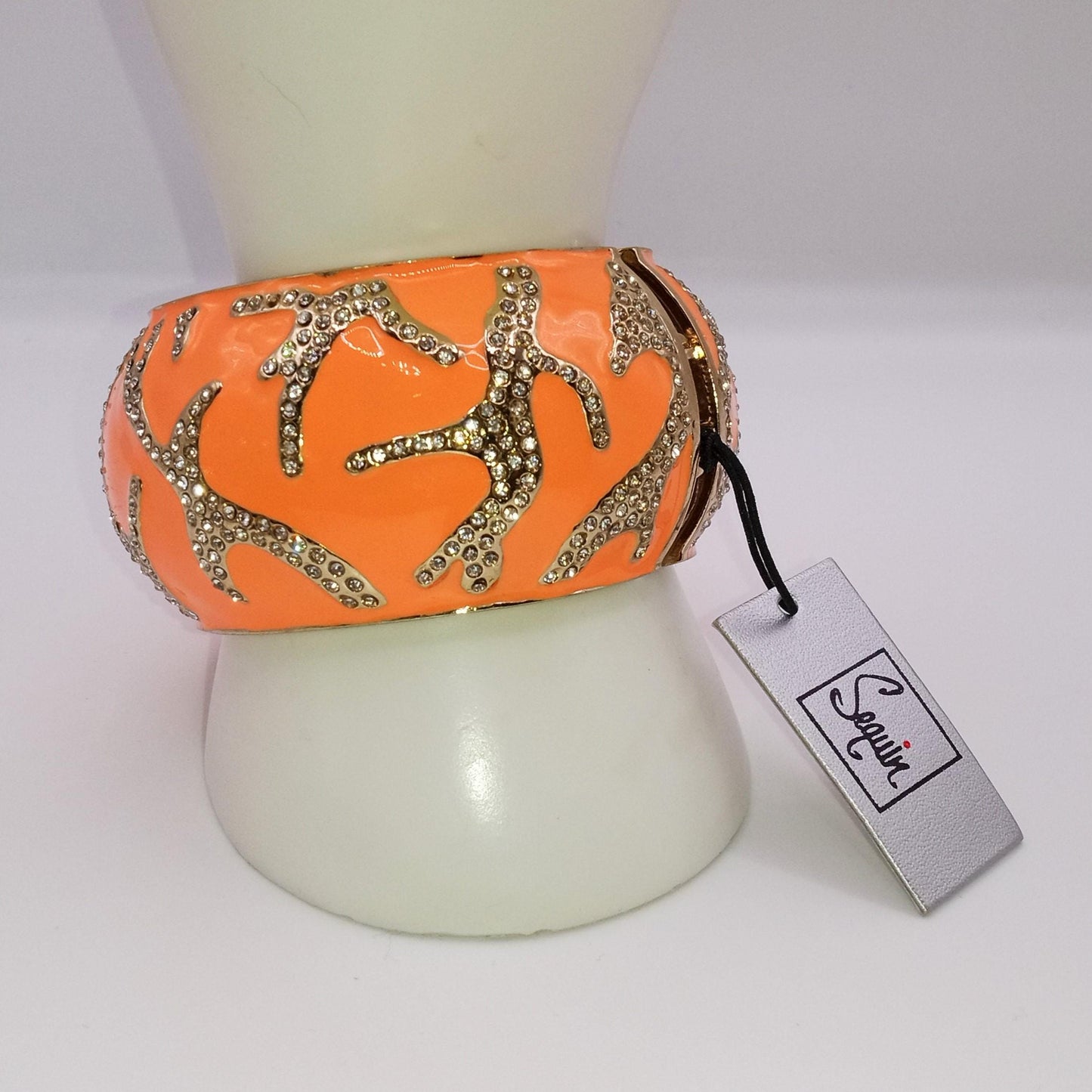 NOS Large Orange Enamel and Rhinestone Clamper Bracelet