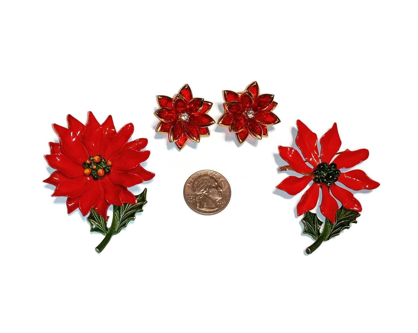 Two Vintage Enamel Poinsettia Brooches and Clip On Earrings Lot