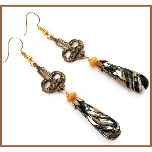 Art Nouveau Style Jasper and Jade Earrings