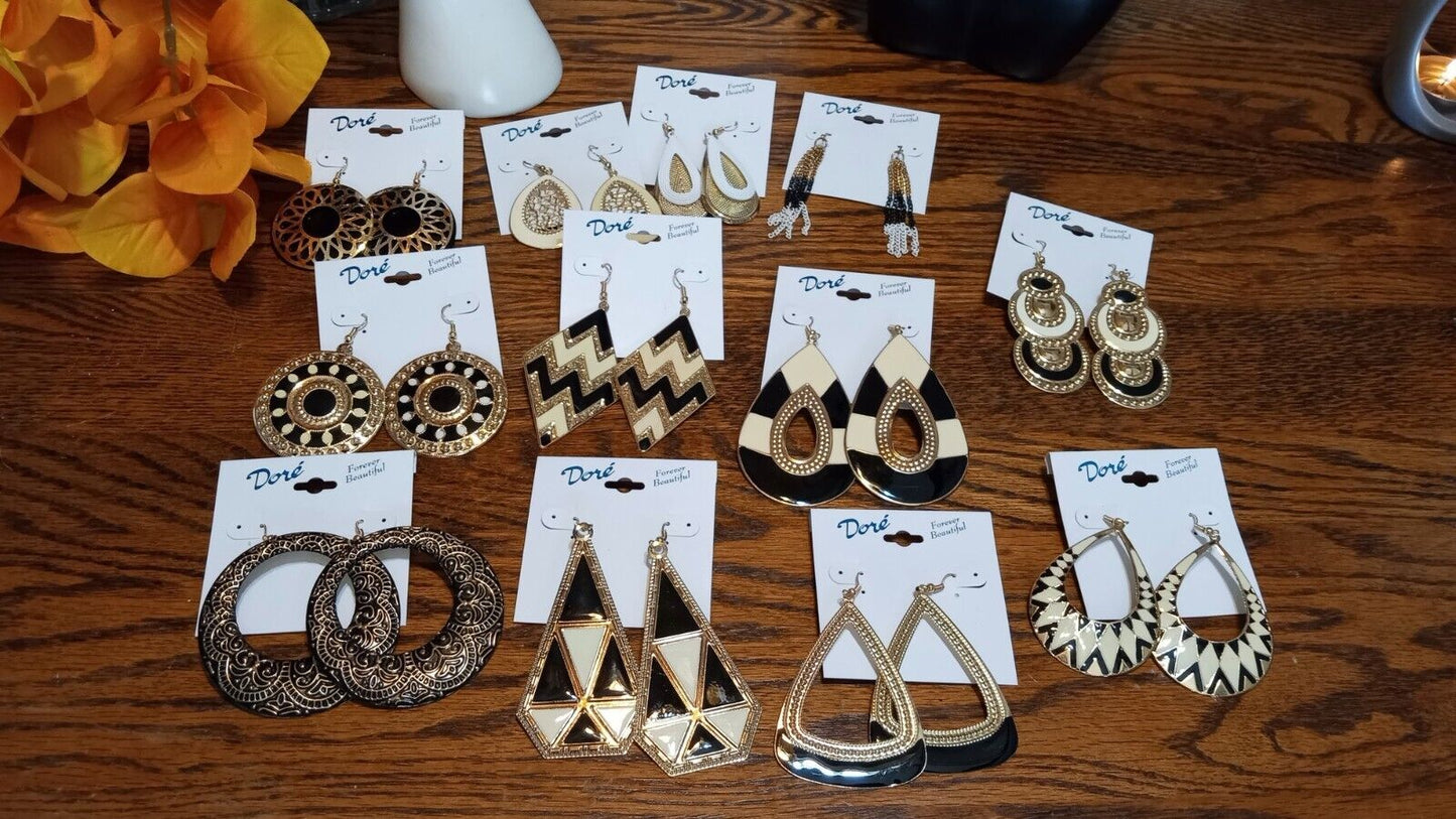 One Dozen (12) Pair Beautiful Gold Plated metal and Enamel Earrings