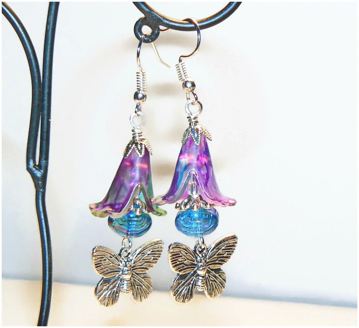 Colorful Bold Hand Painted Lucite Flower and Butterfly Earrings