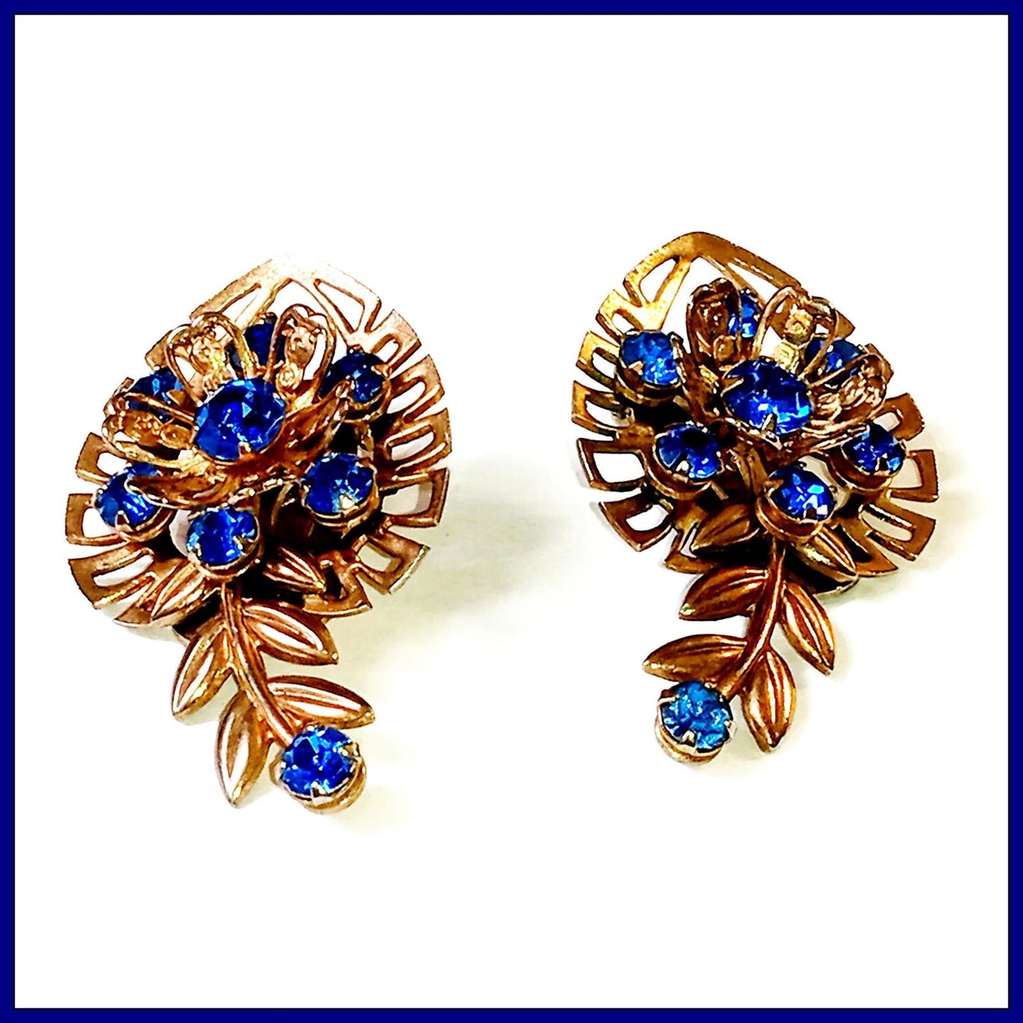 Deep Blue Floral Shaped Rhinestone Clip on Earrings