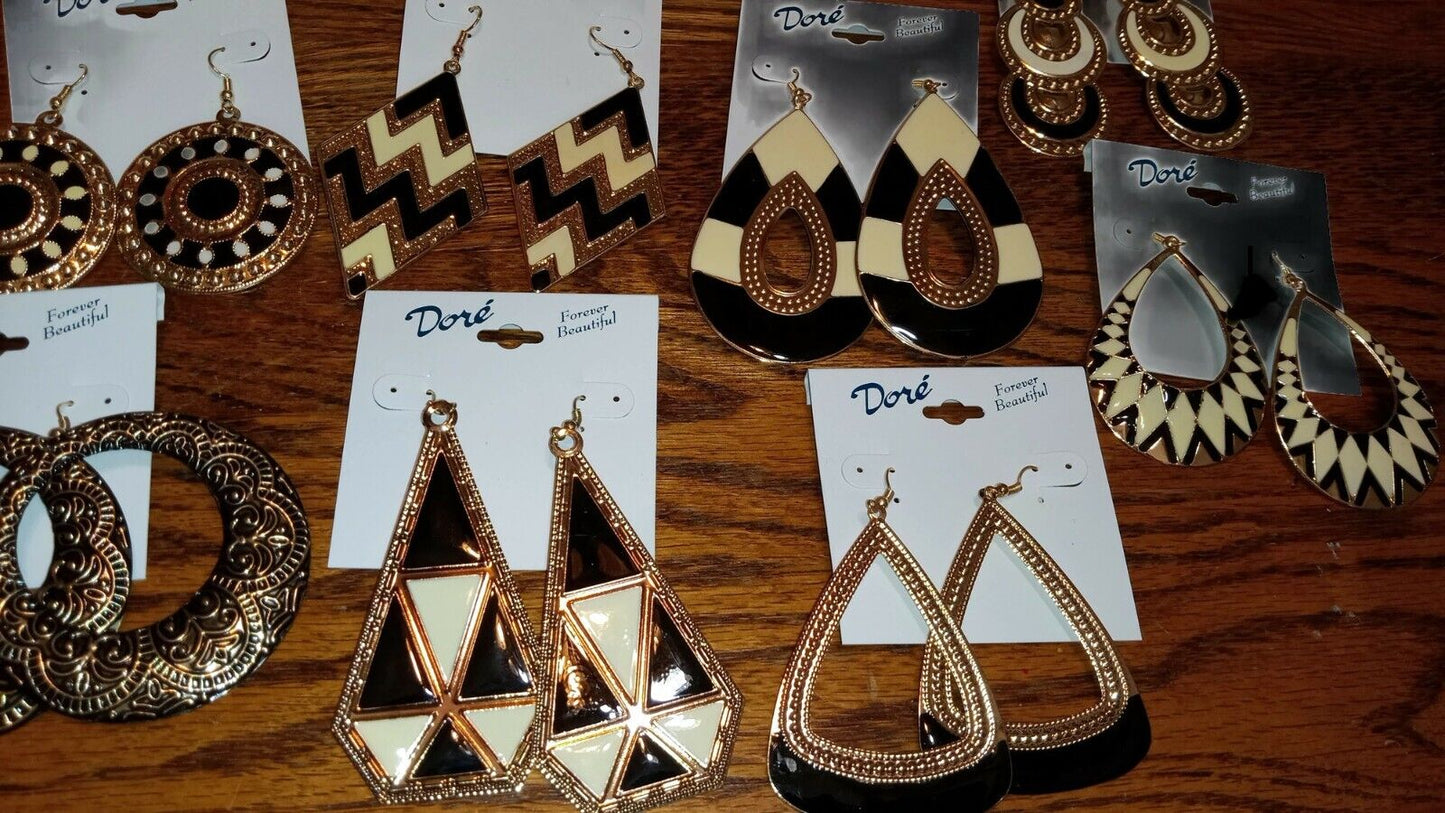 One Dozen (12) Pair Beautiful Gold Plated metal and Enamel Earrings