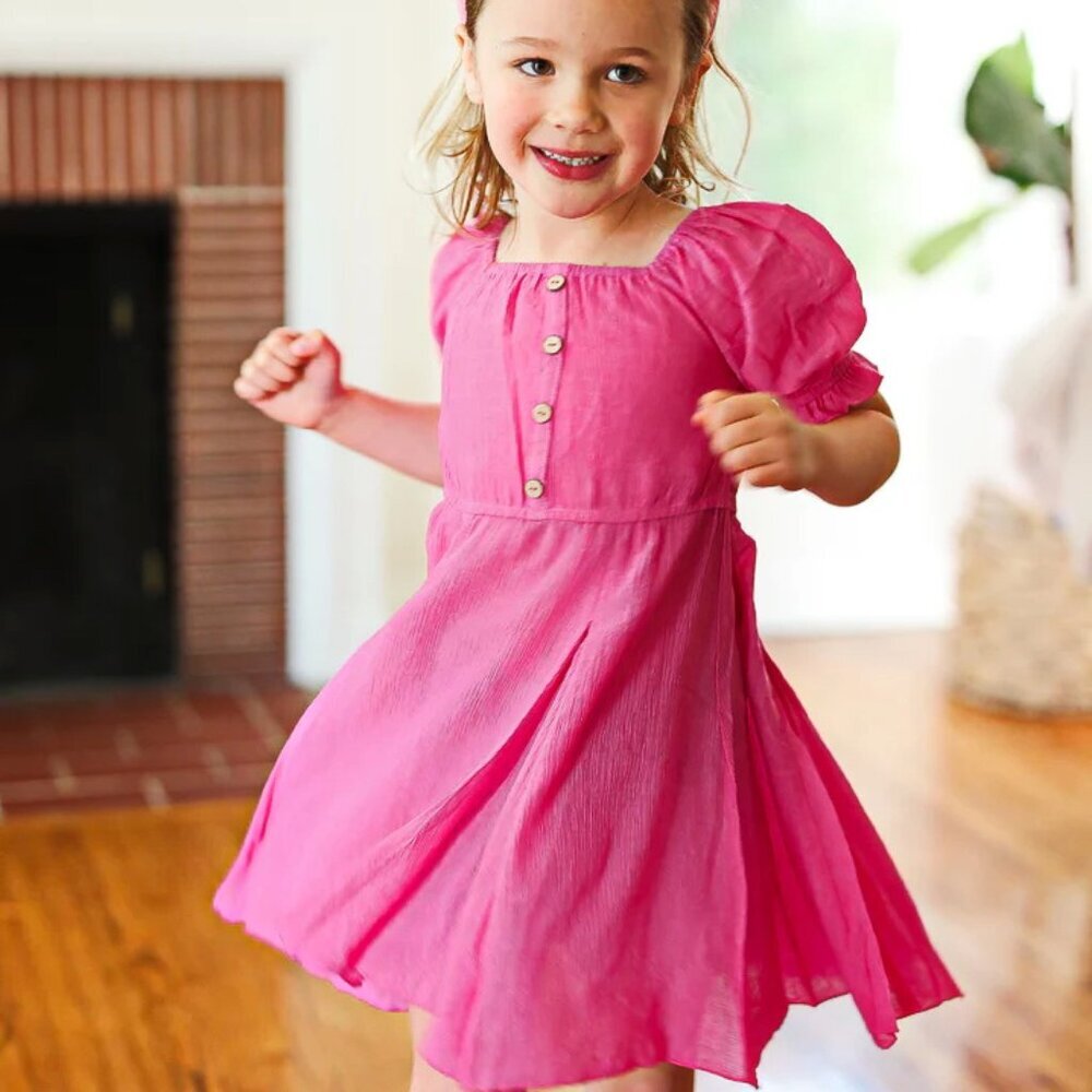 NWT- Sizes-Sm-Med- & Extra Large -PINK Button Square Neck Pleated Back Dress