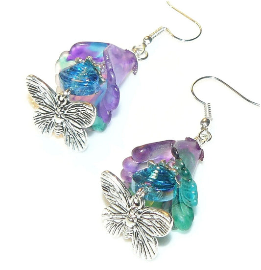 Colorful Bold Hand Painted Lucite Flower and Butterfly Earrings