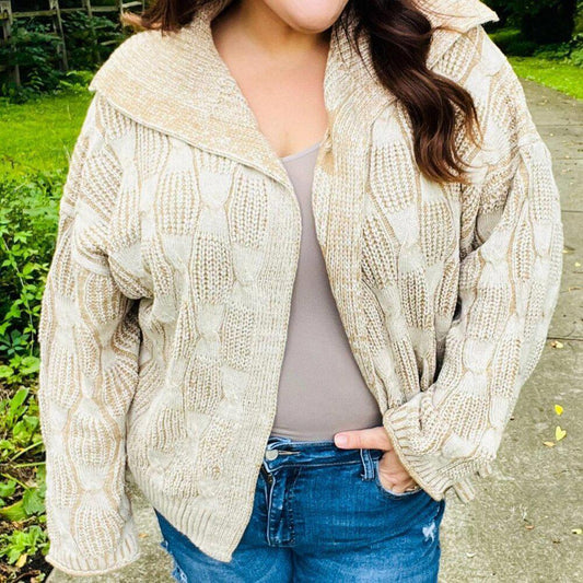 New Autumn Vibes Taupe Textured Cable Knit Collared Cardigan ~~Sizes 1x,2x,3x