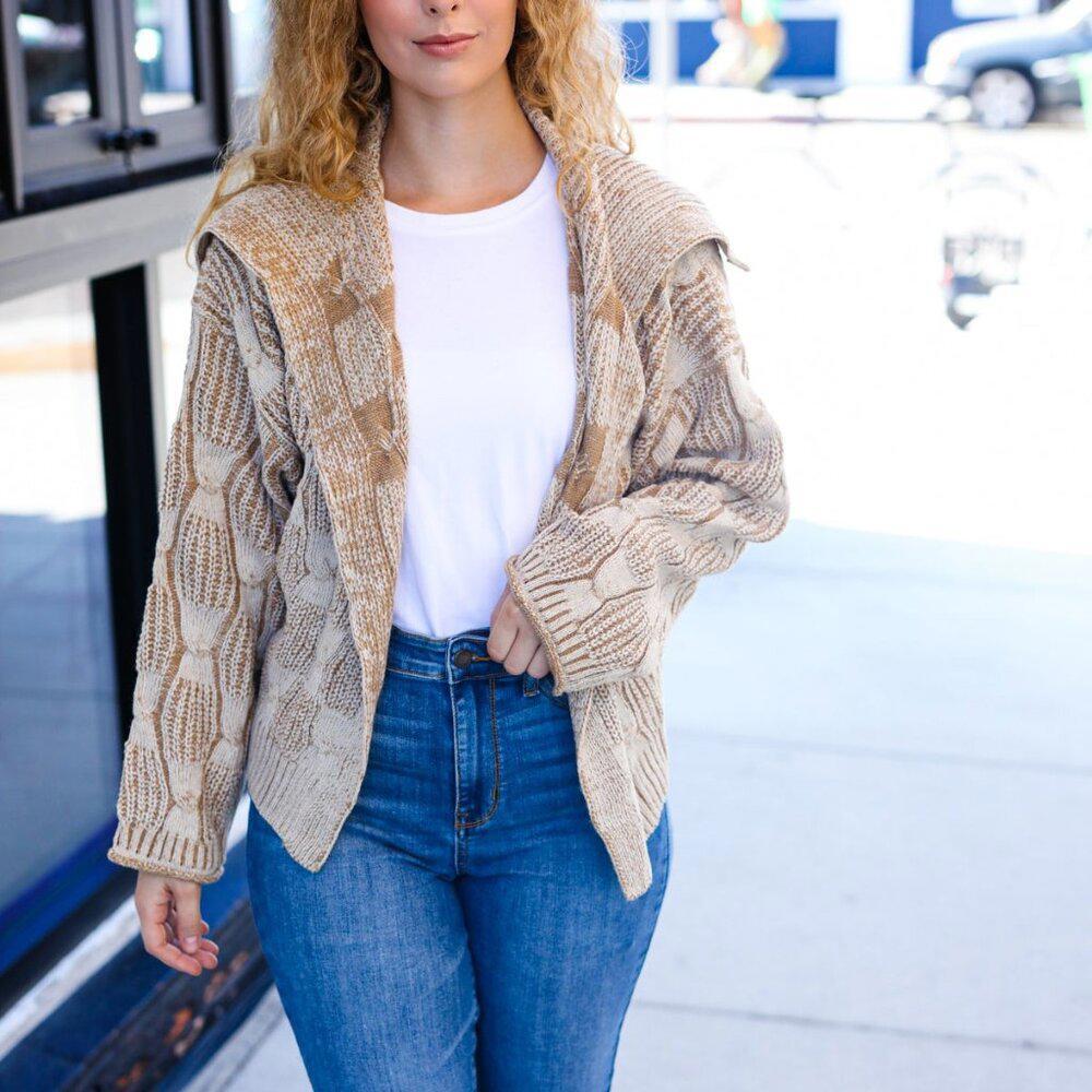 New Autumn Vibes Taupe Textured Cable Knit Collared Cardigan ~~Sizes 1x,2x,3x