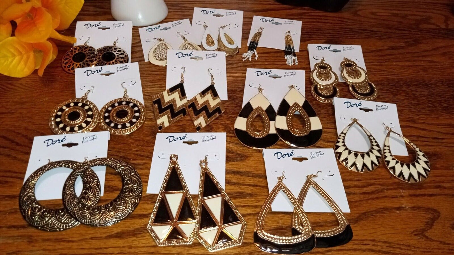 One Dozen (12) Pair Beautiful Gold Plated metal and Enamel Earrings