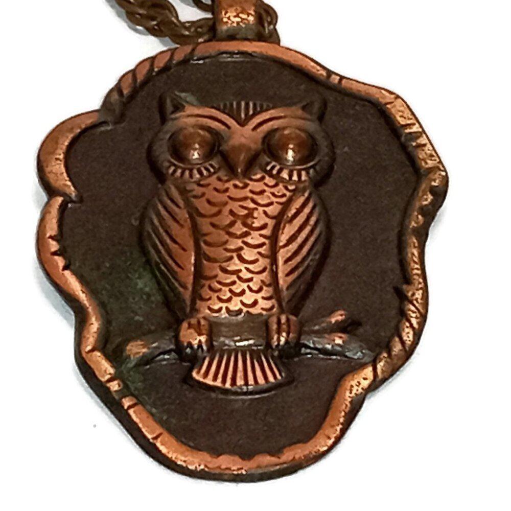 Vintage Charming Solid Copper Bell Trading Owl Pendant and Chain