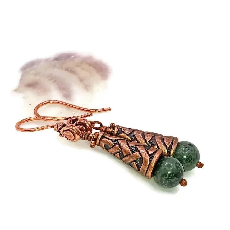 Kumihimo Copper Alloy and Kambaba Jasper  Bead Earrings