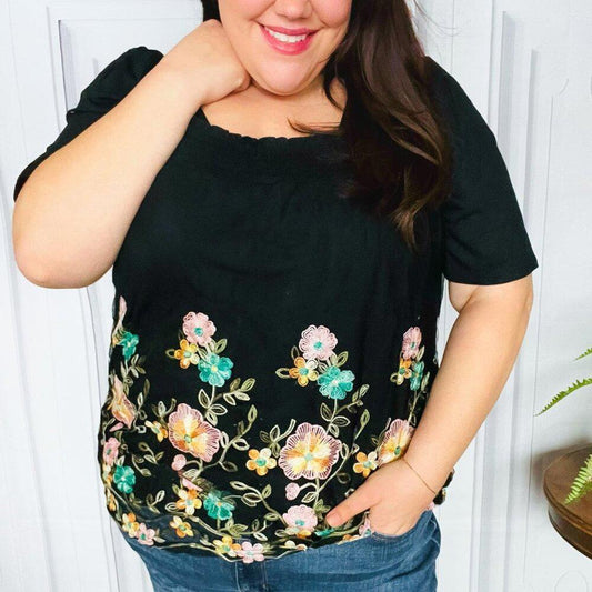 NWT Black Floral Embroidery and Lace Smocked Top 3x