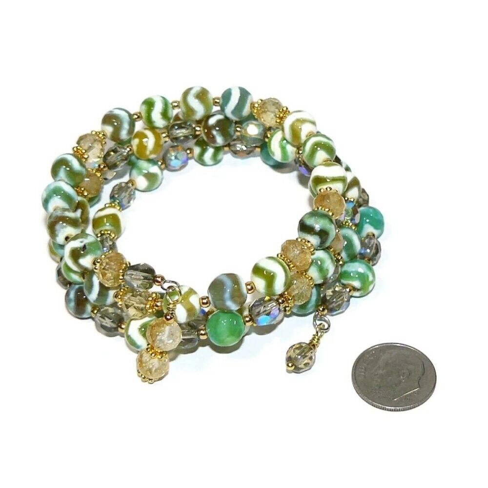 Tibetan Beads with Citrine Gold Plated Spacers Memory Wire Bracelet