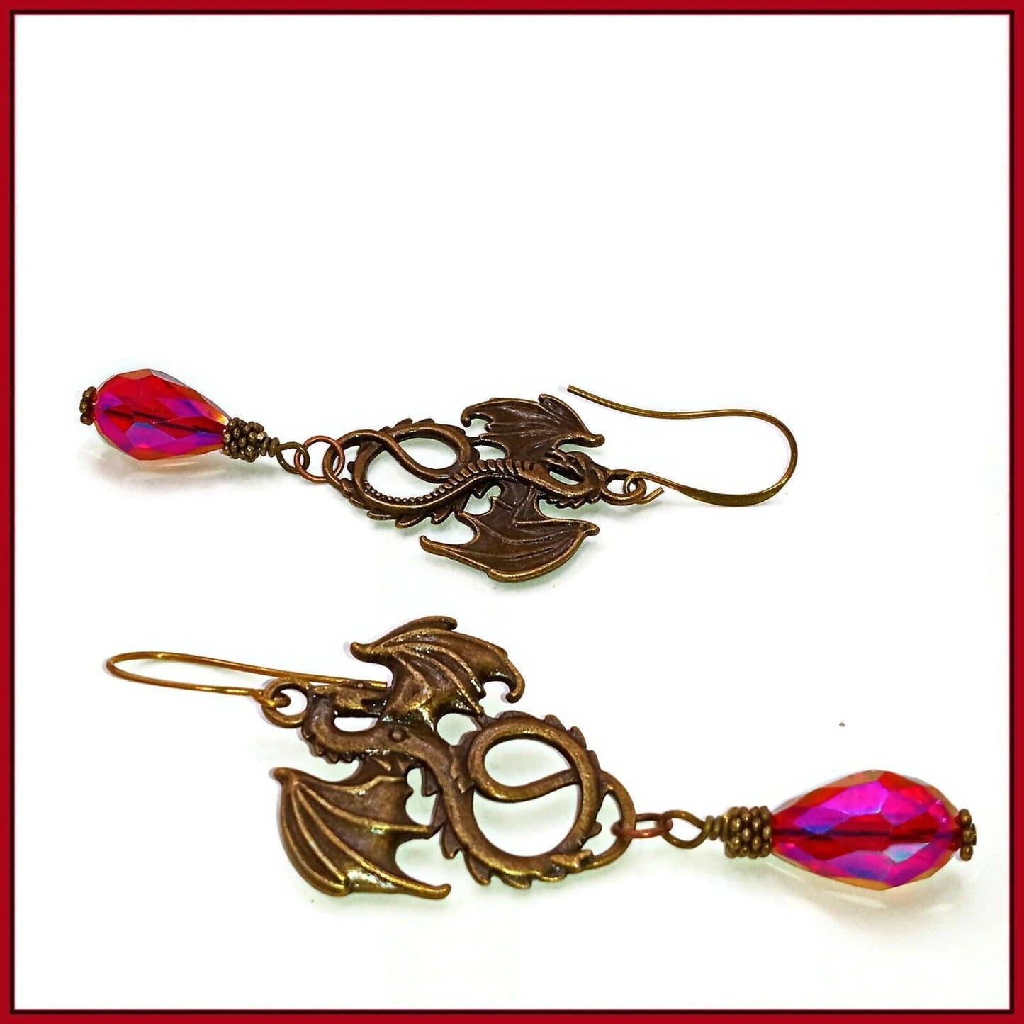Unique Handcrafted Brass Dragon Earrings with Red Crystals