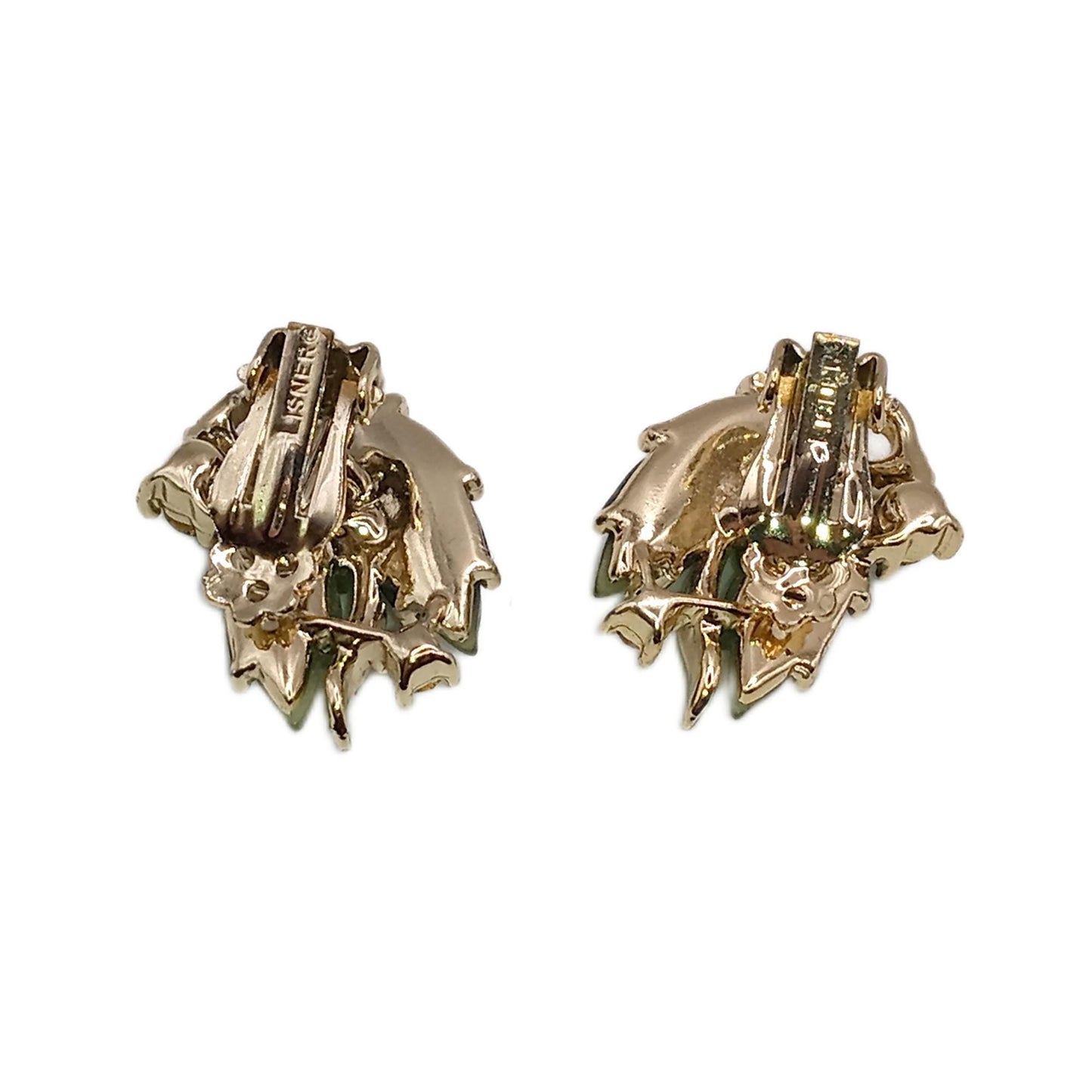 1960s Signed LISNER Green Molded Lucite & Rhinestone Leaf Clip Earrings