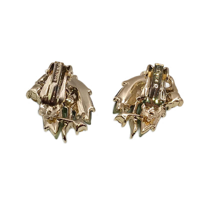 1960s Signed LISNER Green Molded Lucite & Rhinestone Leaf Clip Earrings