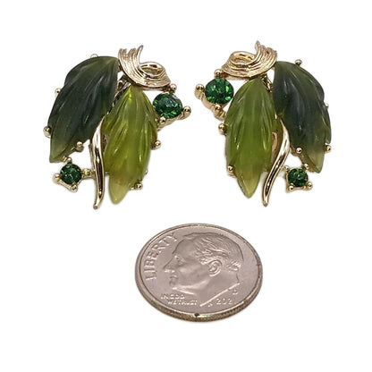 1960s Signed LISNER Green Molded Lucite & Rhinestone Leaf Clip Earrings