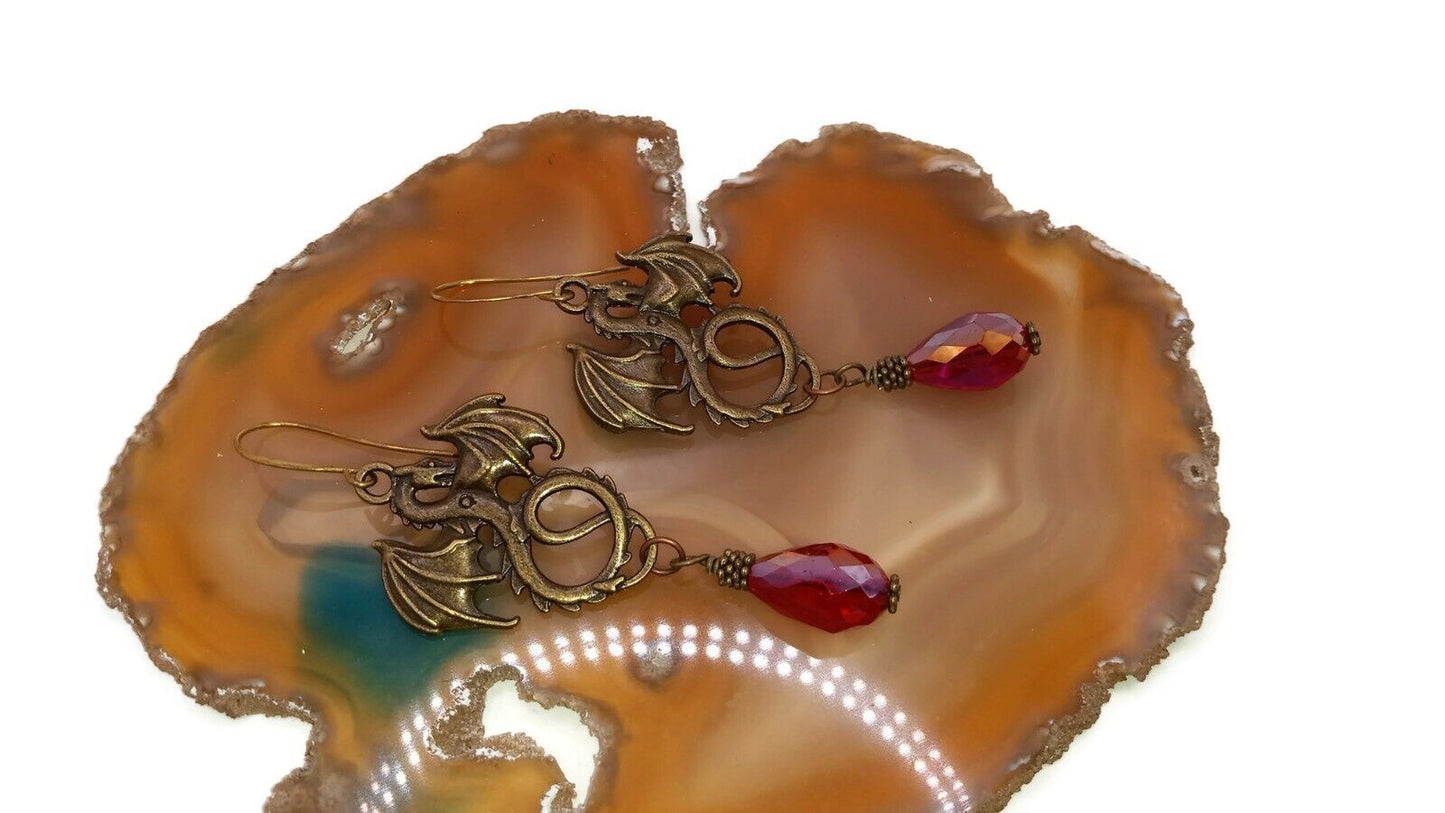 Unique Handcrafted Brass Dragon Earrings with Red Crystals