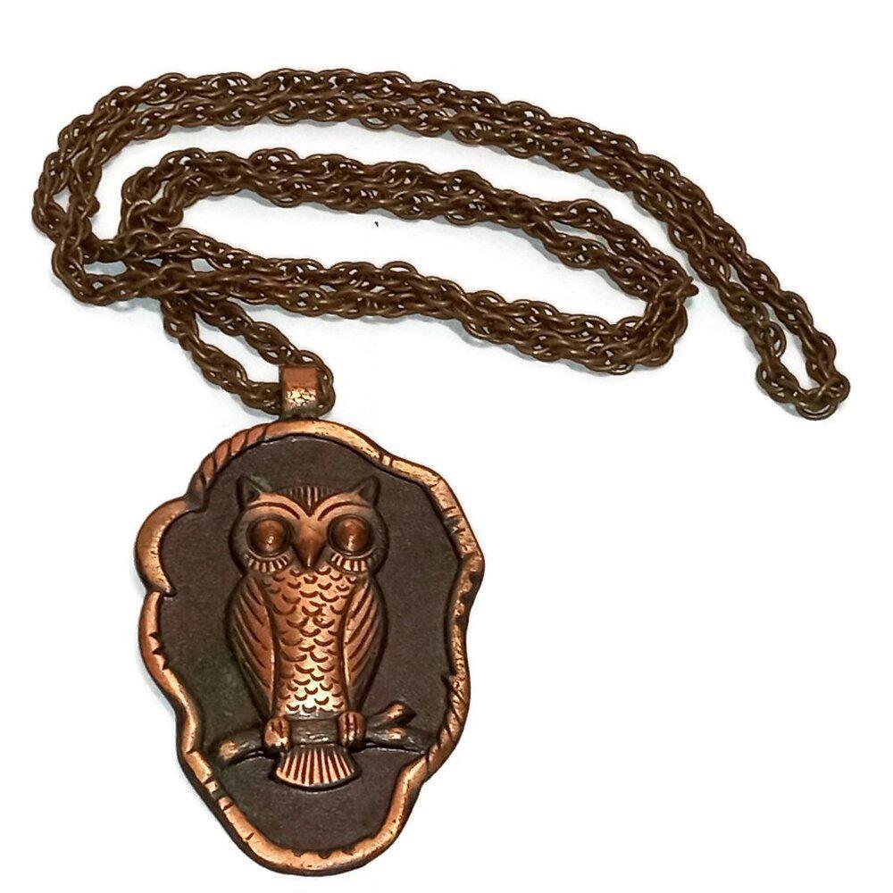 Vintage Charming Solid Copper Bell Trading Owl Pendant and Chain