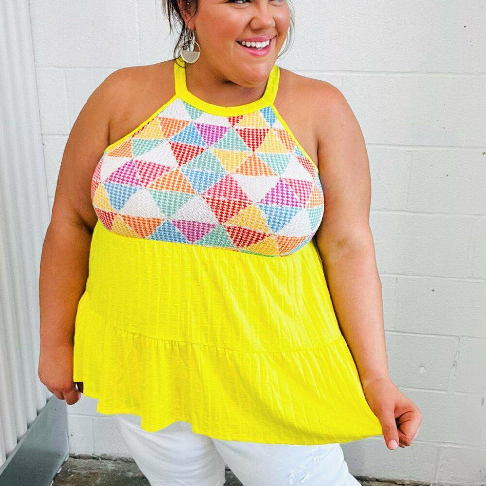 Haptics Yellow Geometric Knit Babydoll Top 3X