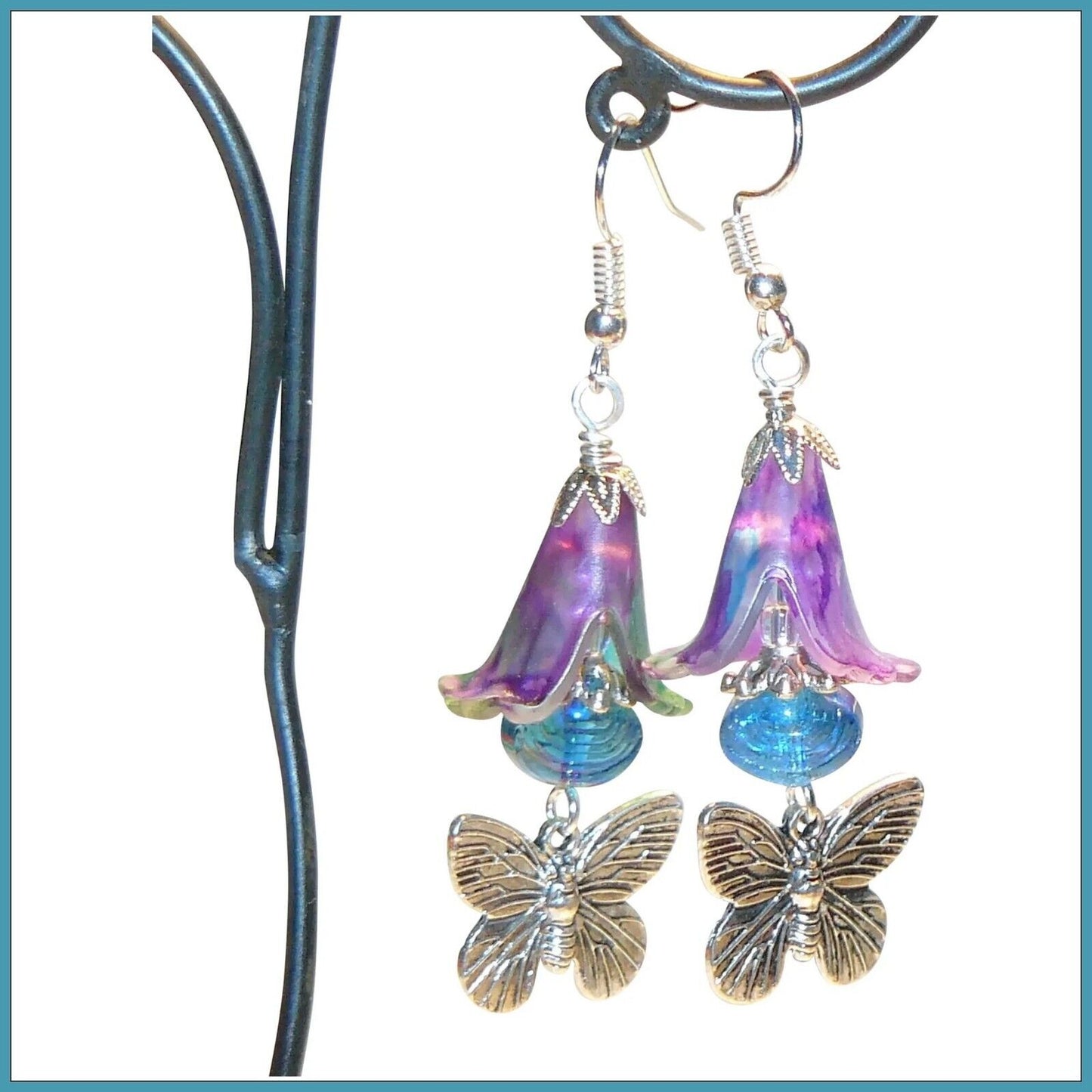 Colorful Bold Hand Painted Lucite Flower and Butterfly Earrings