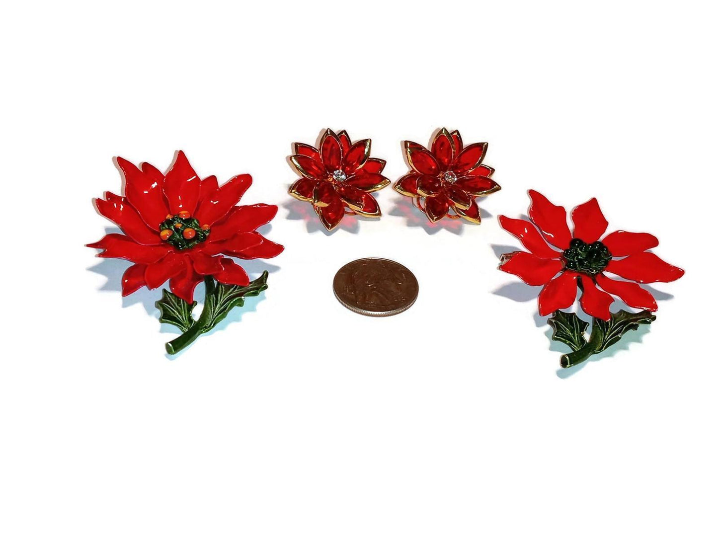 Two Vintage Enamel Poinsettia Brooches and Clip On Earrings Lot
