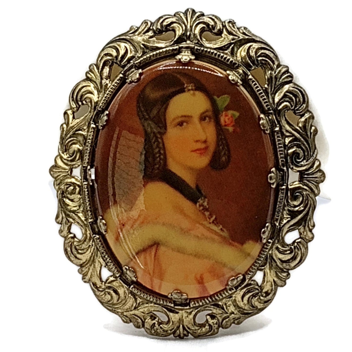 Vintage Western Germany Victorian Lady Portrait Filigree Brooch