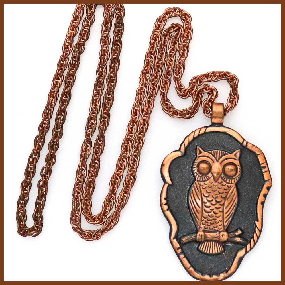 Vintage Charming Solid Copper Bell Trading Owl Pendant and Chain